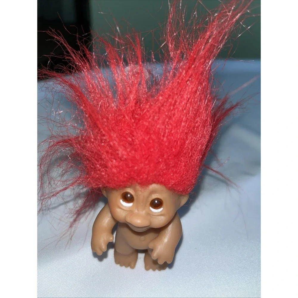 Vintage 1985 DAN Troll Doll 3' Red Hair Amber Eyes No Clothes Plastic Tag Loop